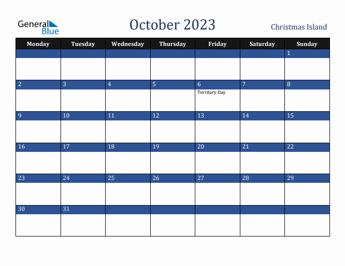 October 2023 Christmas Island Calendar (Monday Start)