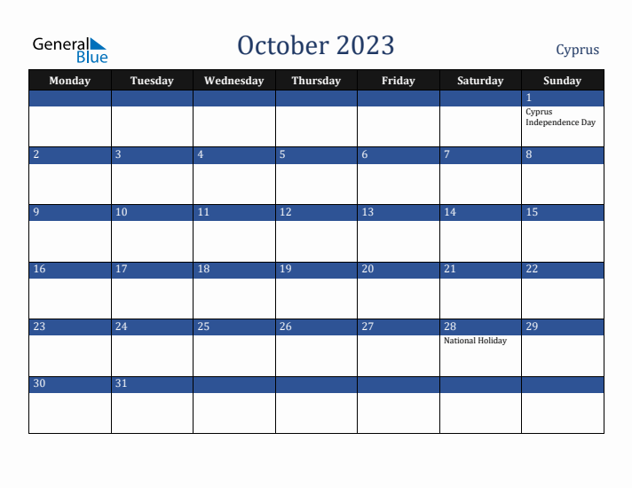 October 2023 Cyprus Calendar (Monday Start)