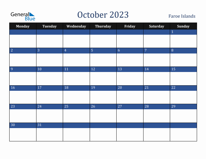 October 2023 Faroe Islands Calendar (Monday Start)