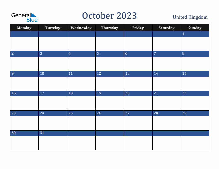 October 2023 United Kingdom Calendar (Monday Start)