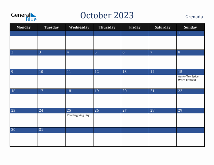 October 2023 Grenada Calendar (Monday Start)