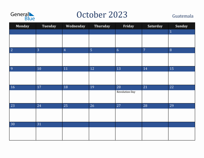October 2023 Guatemala Calendar (Monday Start)