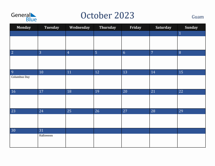 October 2023 Guam Calendar (Monday Start)