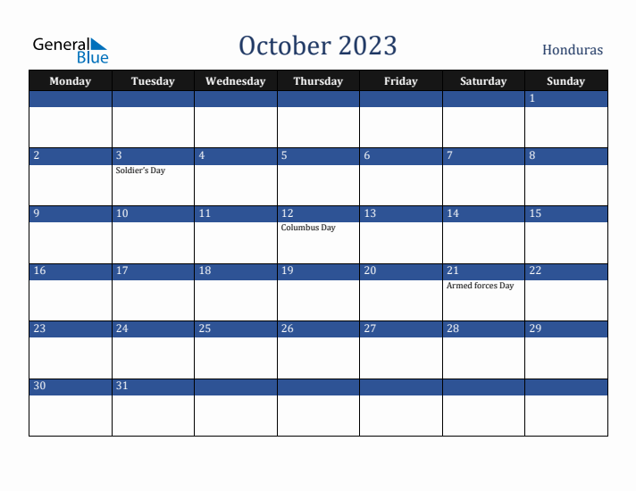 October 2023 Honduras Calendar (Monday Start)
