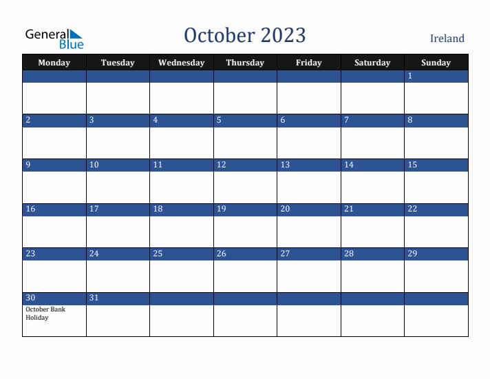 October 2023 Ireland Calendar (Monday Start)