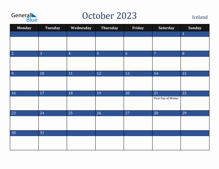 October 2023 Iceland Calendar (Monday Start)