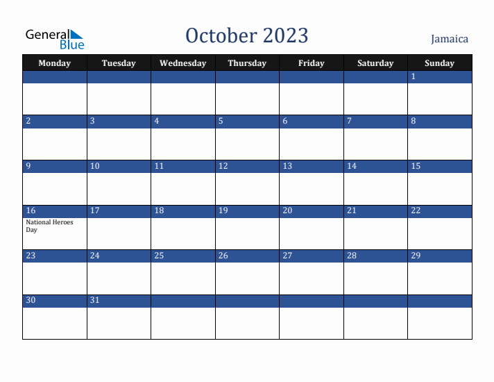 October 2023 Jamaica Calendar (Monday Start)