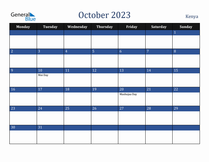 October 2023 Kenya Calendar (Monday Start)
