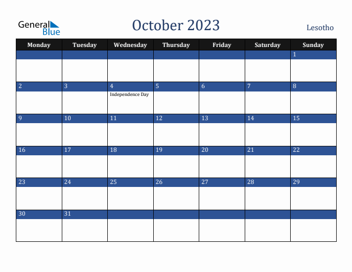 October 2023 Lesotho Calendar (Monday Start)