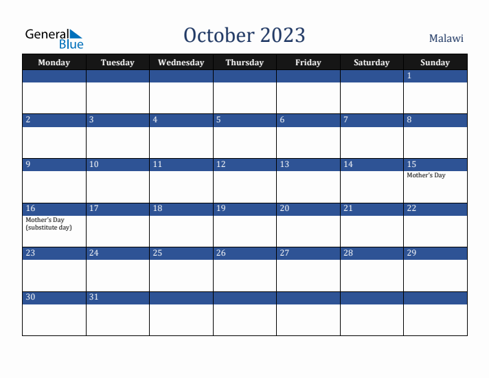 October 2023 Malawi Calendar (Monday Start)
