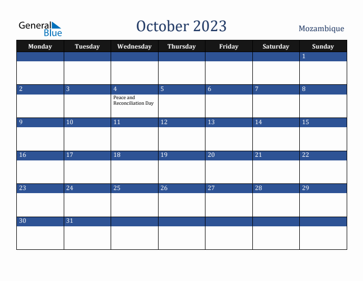 October 2023 Mozambique Calendar (Monday Start)