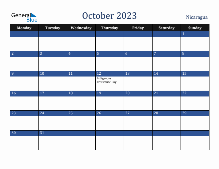 October 2023 Nicaragua Calendar (Monday Start)