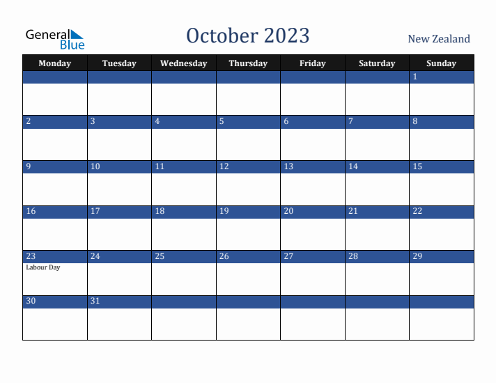 October 2023 New Zealand Calendar (Monday Start)