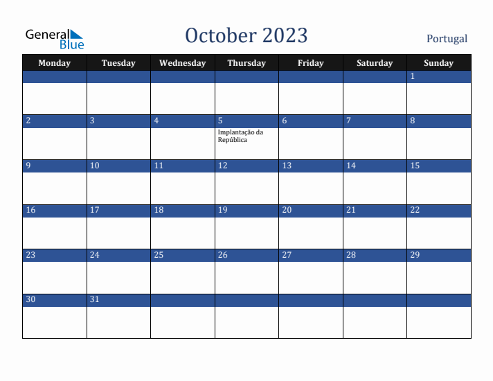 October 2023 Portugal Calendar (Monday Start)