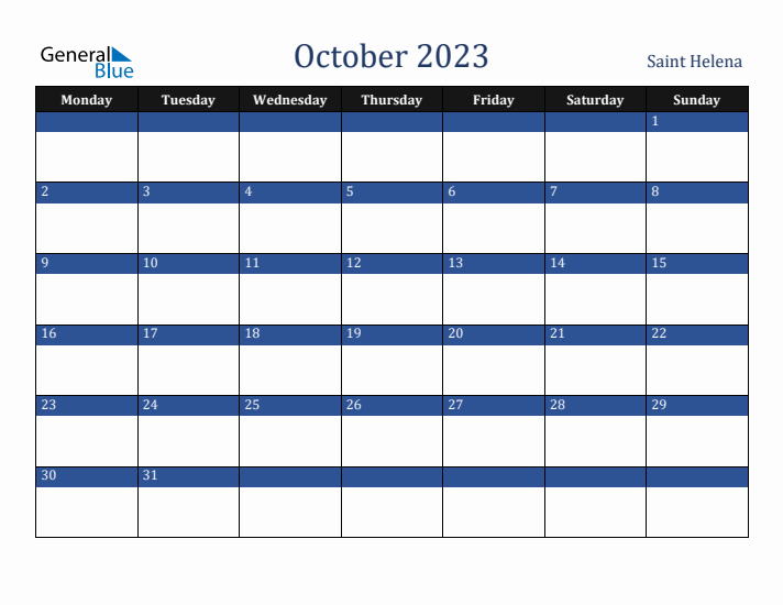 October 2023 Saint Helena Calendar (Monday Start)
