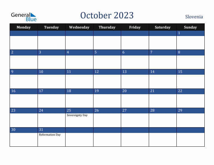October 2023 Slovenia Calendar (Monday Start)