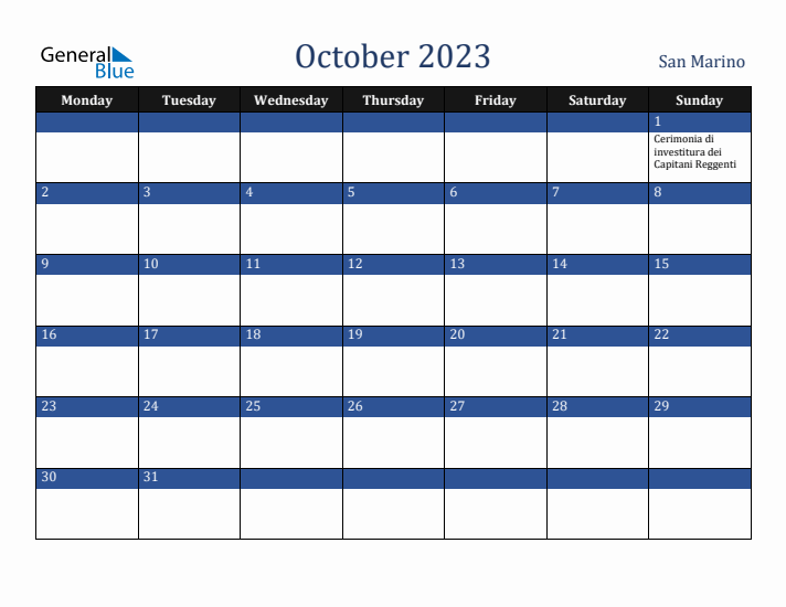 October 2023 San Marino Calendar (Monday Start)