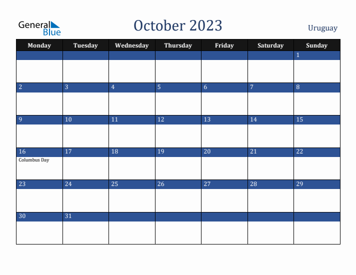 October 2023 Uruguay Calendar (Monday Start)