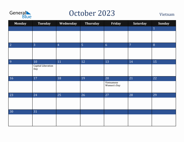 October 2023 Vietnam Calendar (Monday Start)