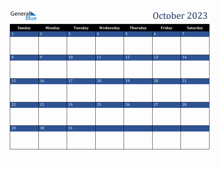 Sunday Start Calendar for October 2023