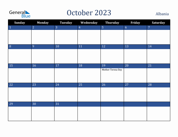 October 2023 Albania Calendar (Sunday Start)