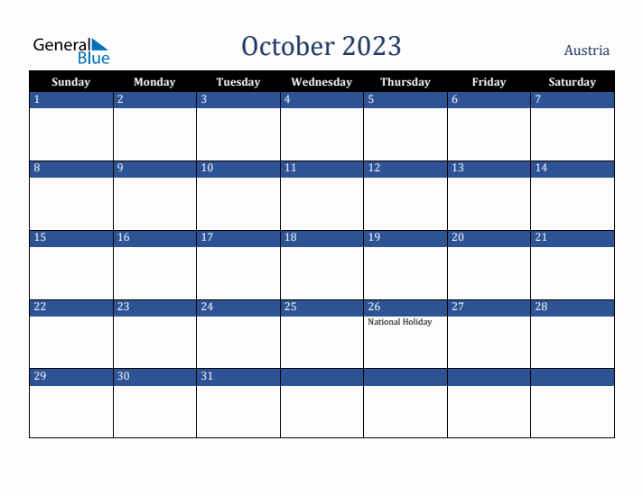 October 2023 Austria Calendar (Sunday Start)