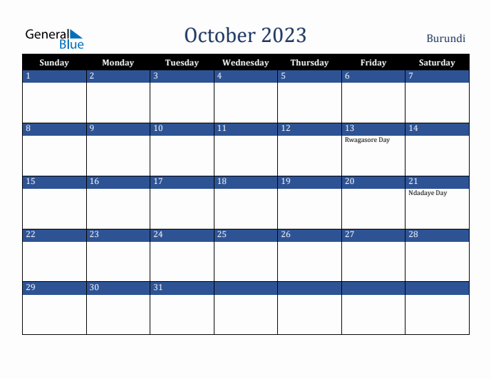 October 2023 Burundi Calendar (Sunday Start)