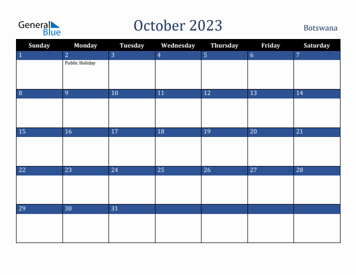 October 2023 Botswana Calendar (Sunday Start)