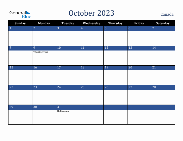 October 2023 Canada Calendar (Sunday Start)