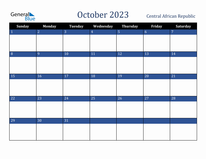 October 2023 Central African Republic Calendar (Sunday Start)