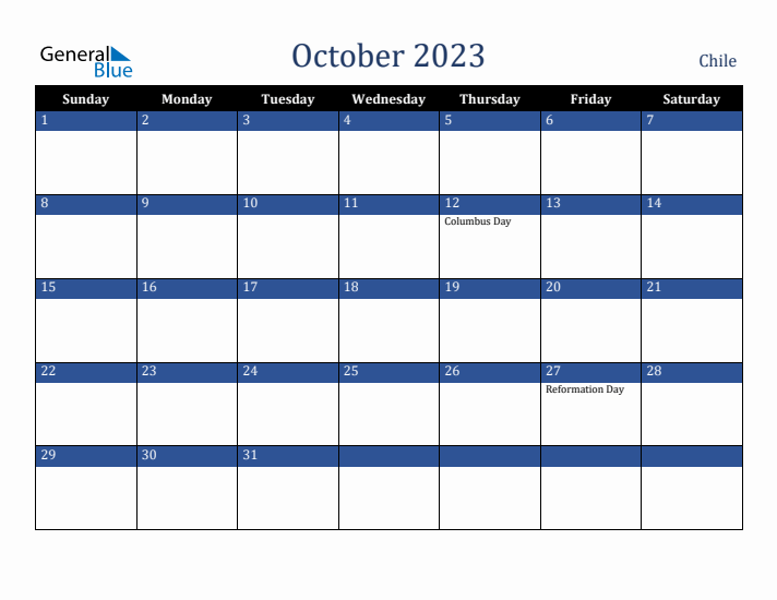 October 2023 Chile Calendar (Sunday Start)