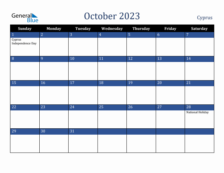 October 2023 Cyprus Calendar (Sunday Start)