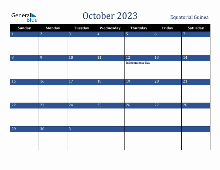 October 2023 Equatorial Guinea Calendar (Sunday Start)