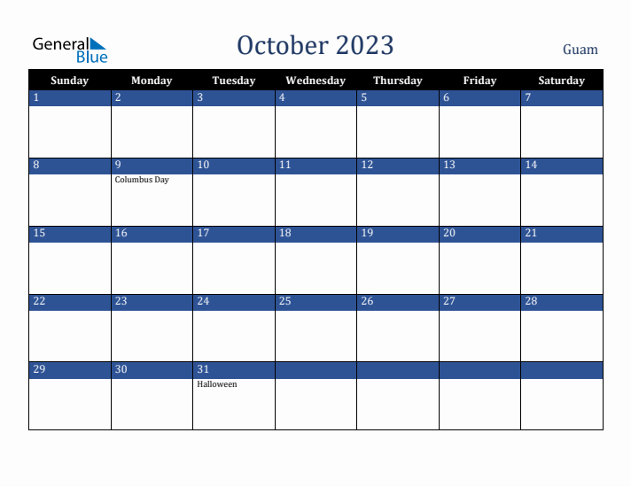 October 2023 Guam Calendar (Sunday Start)