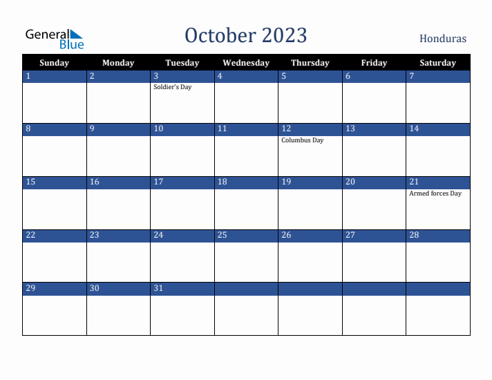 October 2023 Honduras Calendar (Sunday Start)