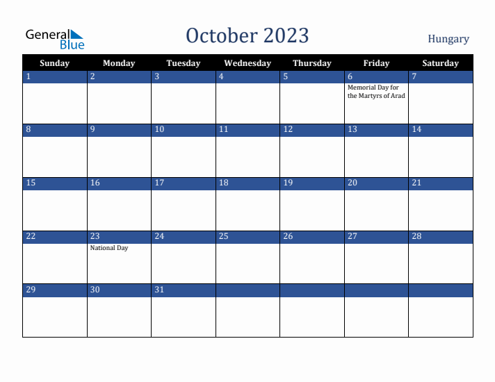 October 2023 Hungary Calendar (Sunday Start)