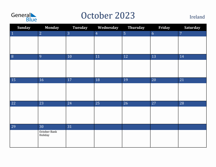 October 2023 Ireland Calendar (Sunday Start)
