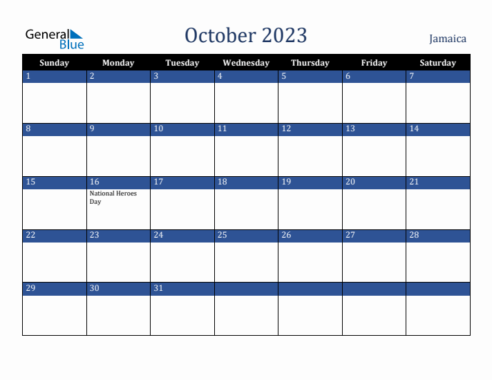 October 2023 Jamaica Calendar (Sunday Start)