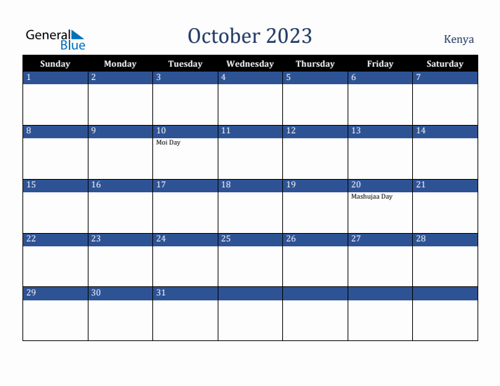 October 2023 Kenya Calendar (Sunday Start)