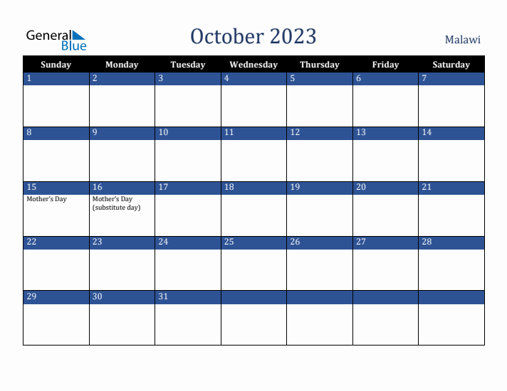 October 2023 Malawi Calendar (Sunday Start)