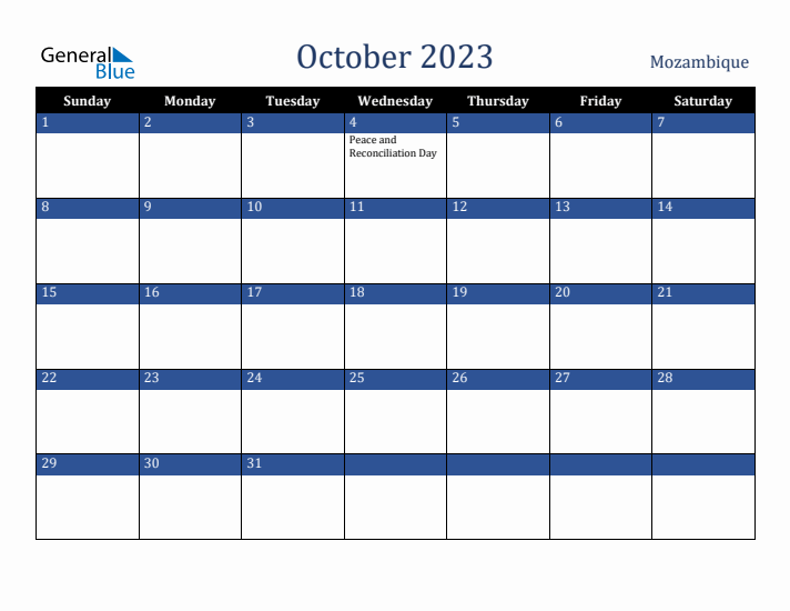 October 2023 Mozambique Calendar (Sunday Start)