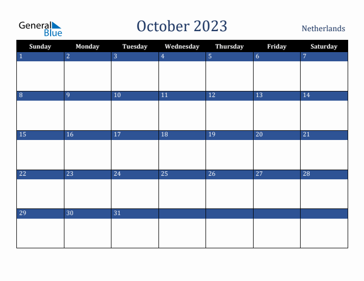 October 2023 The Netherlands Calendar (Sunday Start)