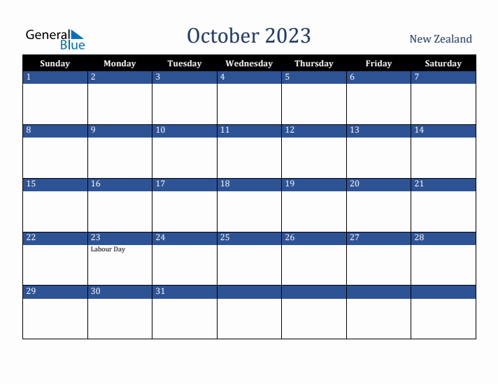 October 2023 New Zealand Calendar (Sunday Start)