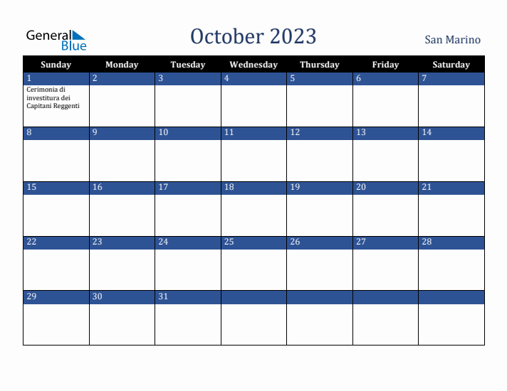 October 2023 San Marino Calendar (Sunday Start)