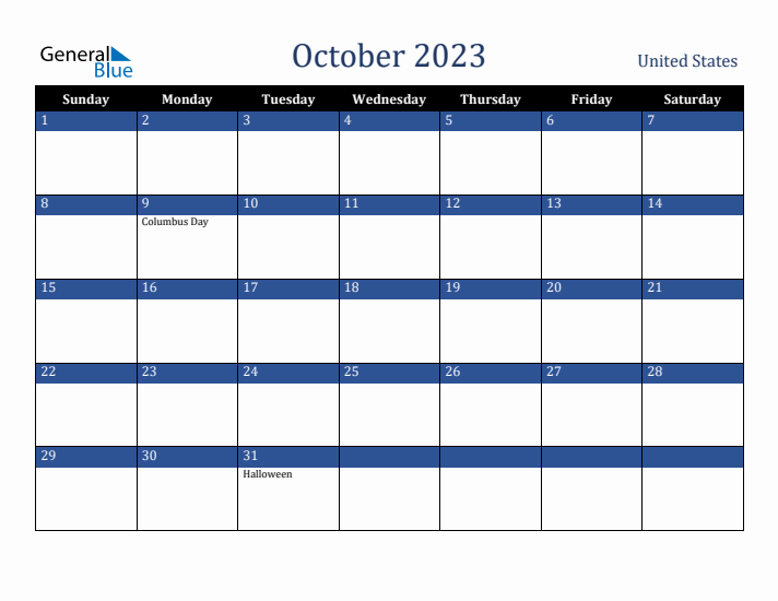 October 2023 United States Calendar (Sunday Start)