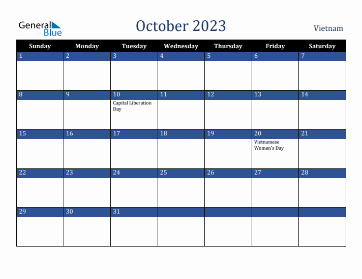 October 2023 Vietnam Calendar (Sunday Start)