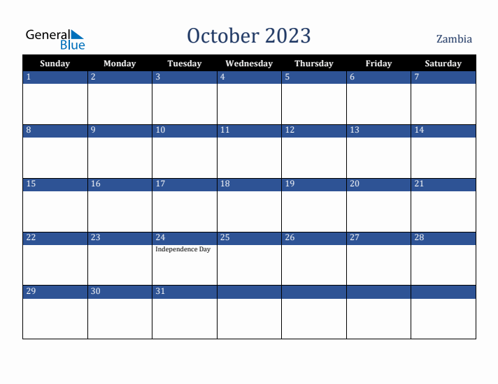 October 2023 Zambia Calendar (Sunday Start)