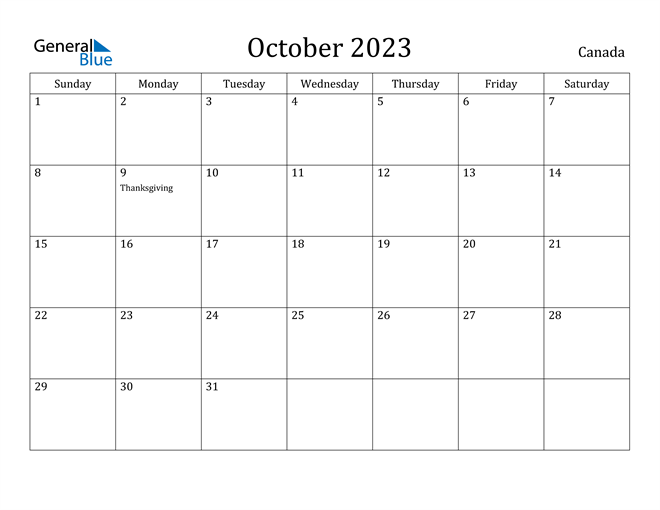 October 2023 Calendar With Canada Holidays