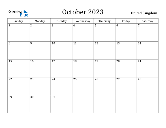 October 2023 Calendar United Kingdom
