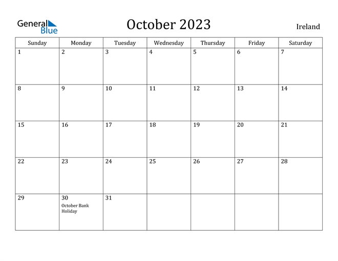 October 2023 Calendar with Ireland Holidays